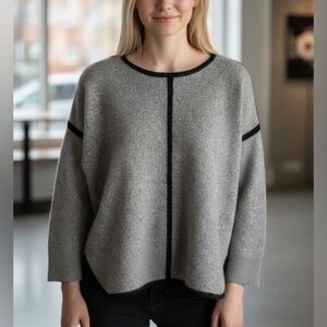 J. Crew Gray with Black Piping 100% Wool Crewneck Sweater Oversized Size XS